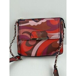 GUESS Crossbody Bag Psychedelic Swirl Red Pink Purple Brown Purse Gold Hardware